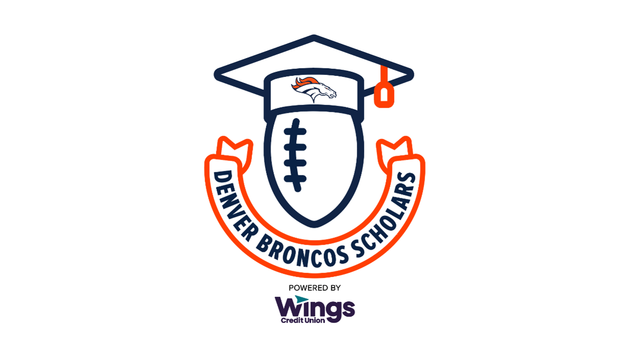 The Denver Broncos Scholars logo with a graduation cap on a football, powered by Wings Credit Union