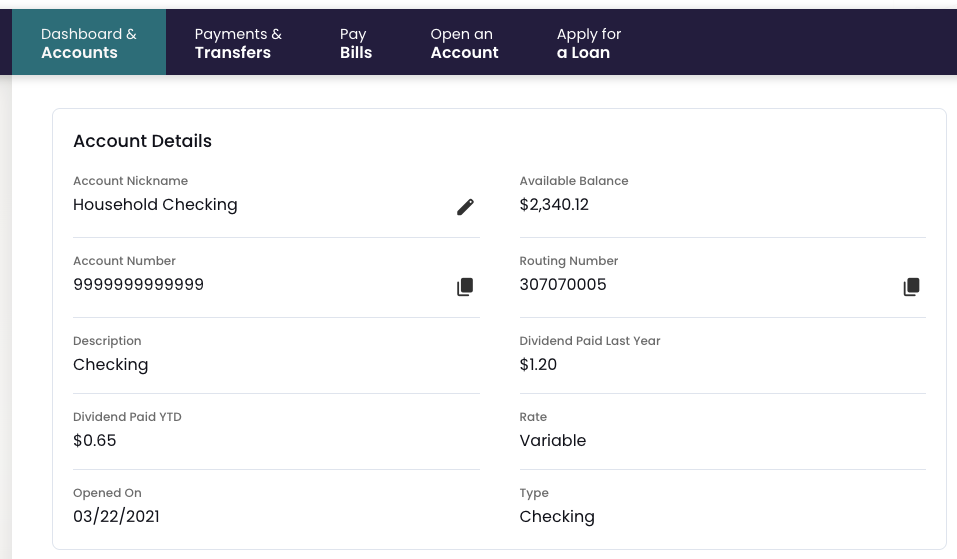 Screenshot of online banking showing the Account Details screen with MICR number