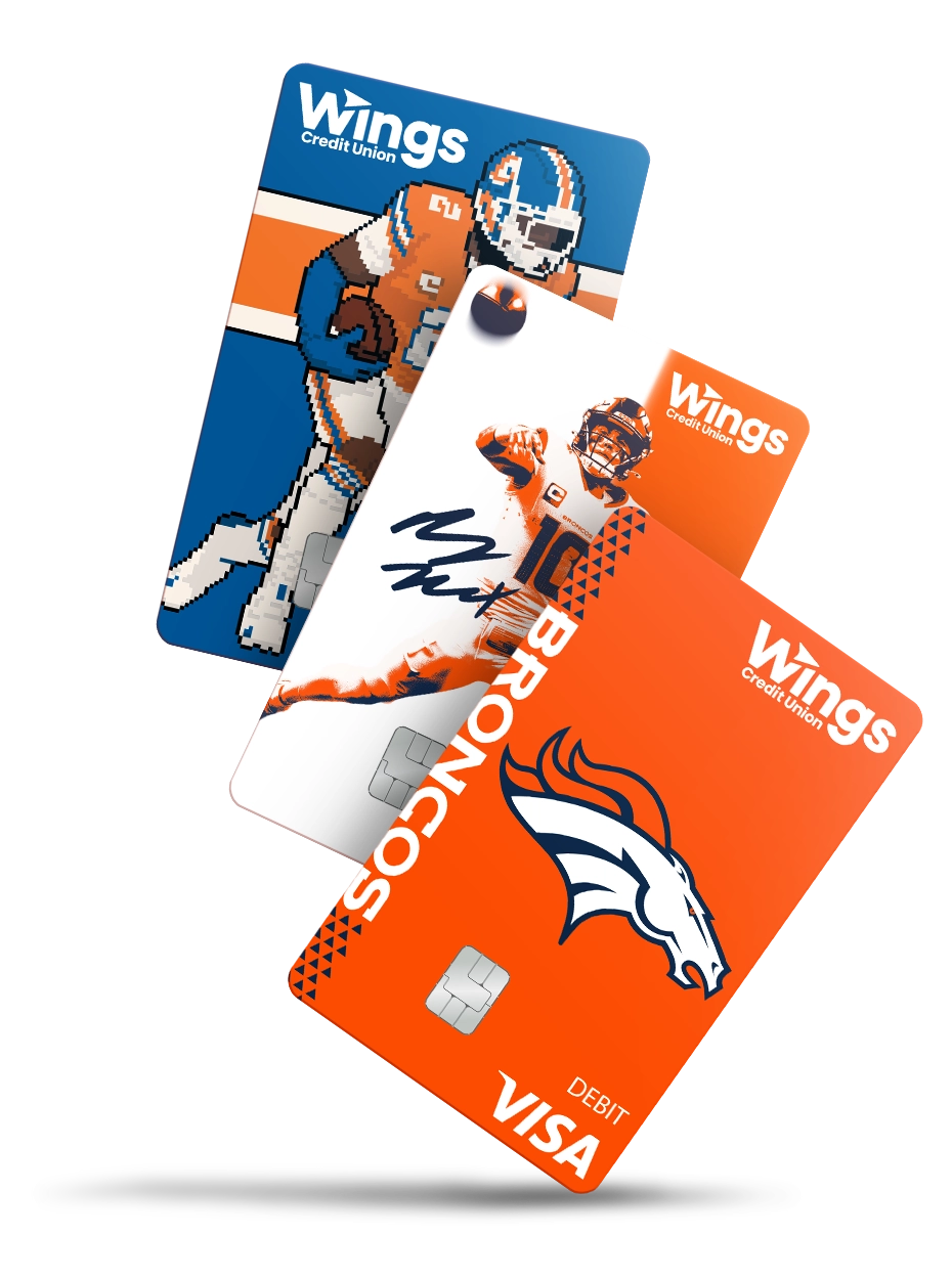 Wings Credit Union Broncos debit cards stacked