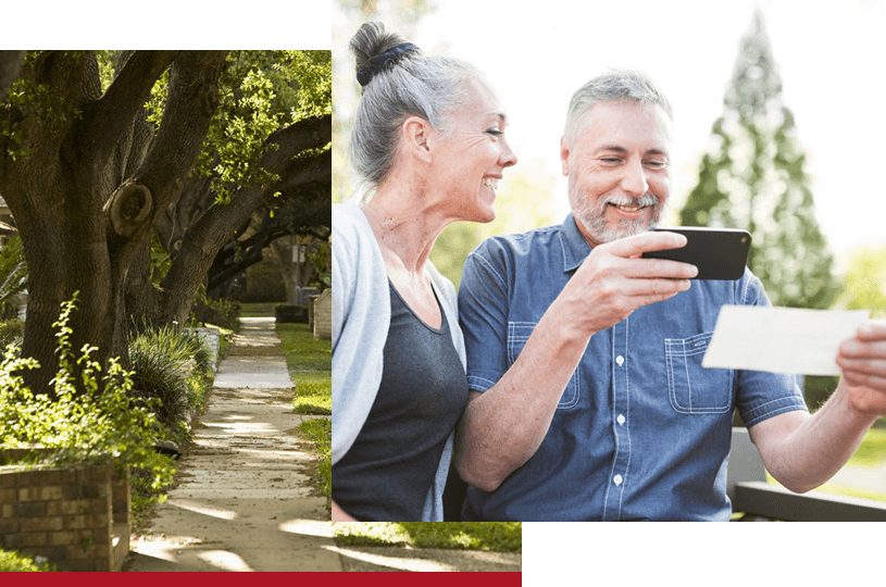 stacked image of [Image of tree covered sidewalk in a nice neighborhood] and [Image of older couple depositing a check with their mobile device]