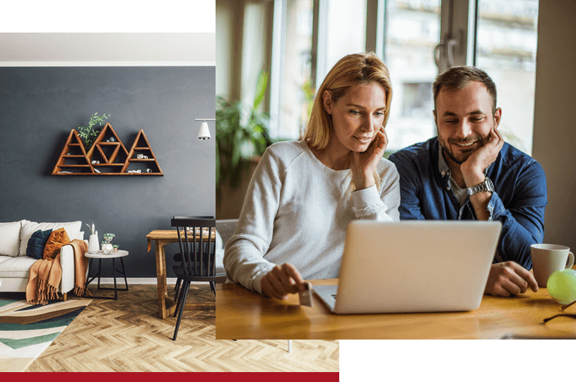 stacked image of [IMAGE: photo of home interior, kitchen table with mountain shelf on the wall] and [IMAGE: photo of middle aged couple sitting at kitchen table looking at their laptop screen]