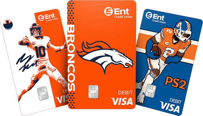 Mockup of three Broncos Checking debit card designs