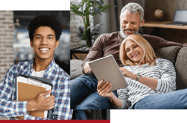 College student holding books and a couple sitting on a couch looking at a tablet